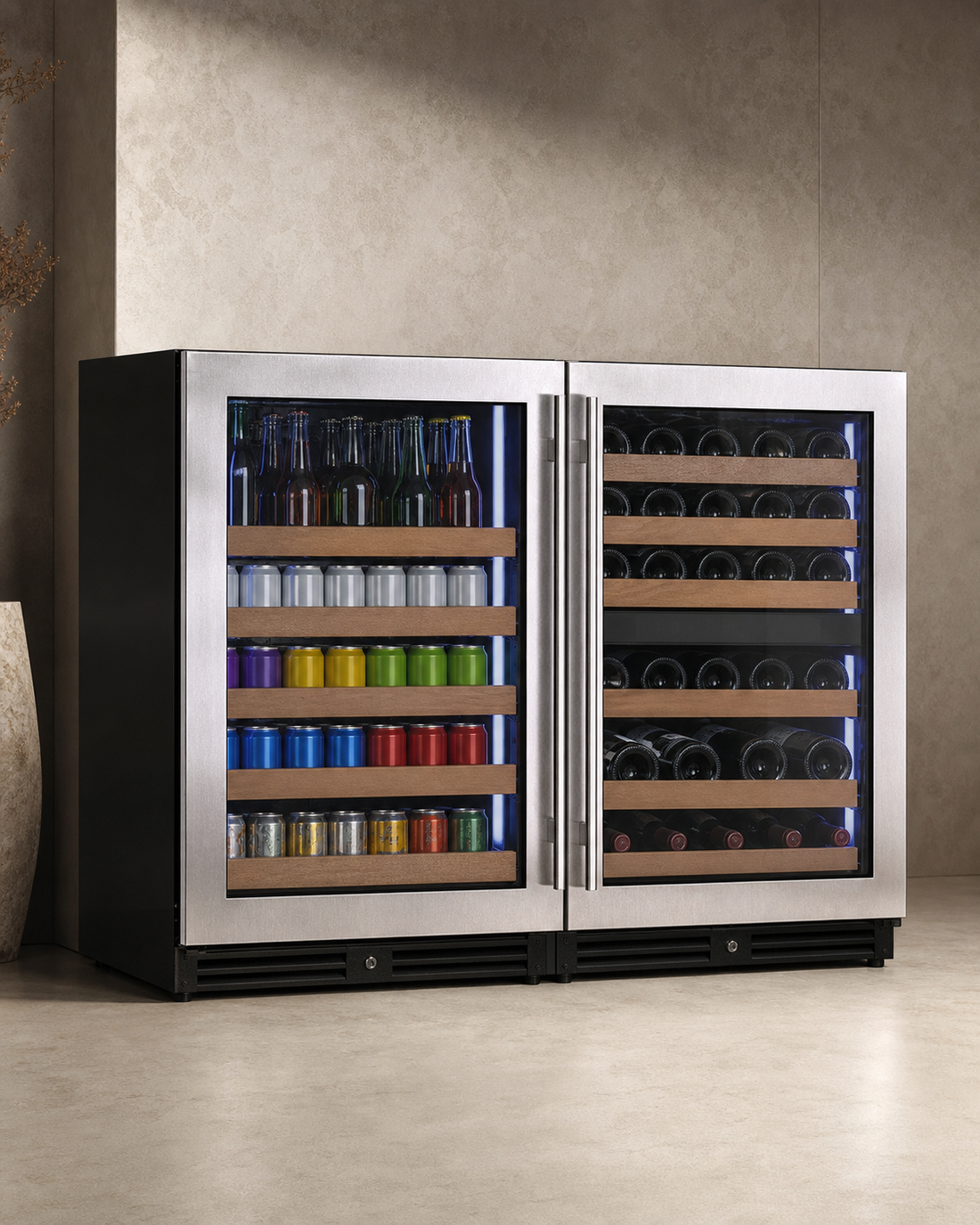 VINELOR Reserva 51 bouteilles / 124 canettes | Cave à vin & boissons encastrable 3 zones side-by-side inox — vue principale premium