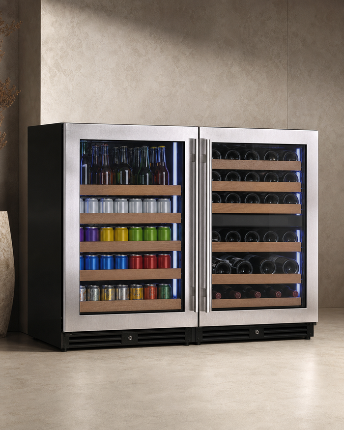 VINELOR Reserva 51 bouteilles / 124 canettes | Cave à vin & boissons encastrable 3 zones side-by-side inox — vue principale premium