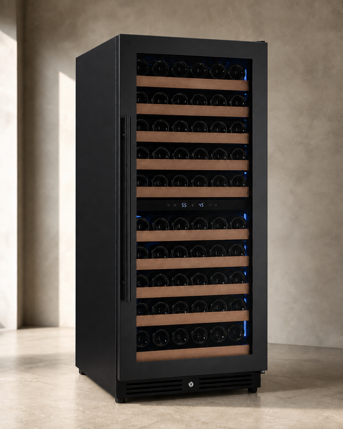 VINELOR Reserva 119 bouteilles | Cave à vin encastrable 2 zones porte noire charnière droite — vue principale premium