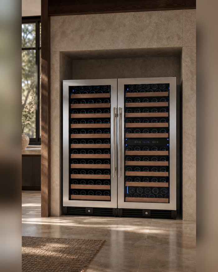VINELOR Reserva 238 bouteilles | Cave à vin encastrable 3 zones side-by-side inox — vue principale premium