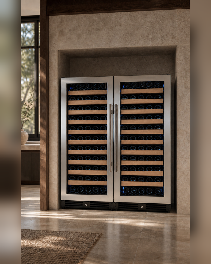 VINELOR Reserva 238 bouteilles | Cave à vin encastrable 2 zones side-by-side inox — vue principale premium