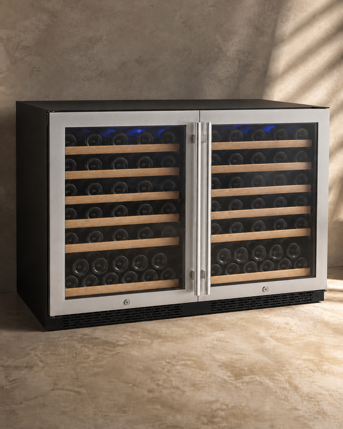 VINELOR Reserva 102 bouteilles | Cave à vin encastrable 2 zones side-by-side inox — vue principale premium