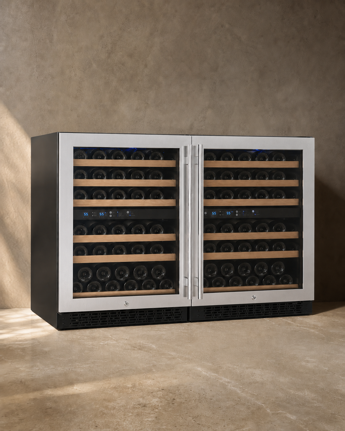 VINELOR Reserva 102 bouteilles | Cave à vin encastrable 4 zones side-by-side inox — vue principale premium
