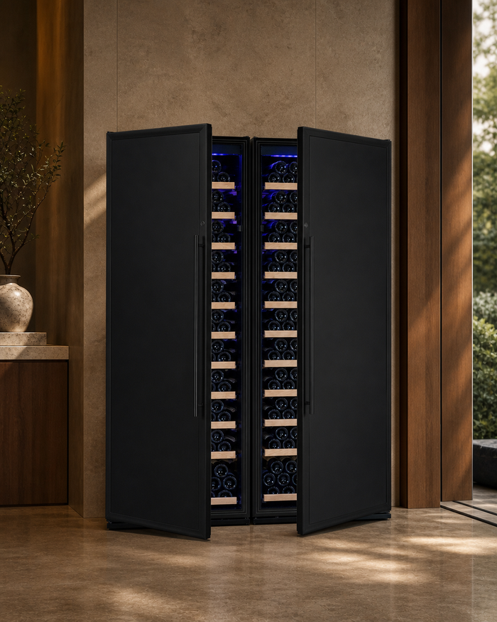 VINELOR Vite 610 bouteilles | Cave à vin pose libre 2 zones side-by-side porte noire — vue principale premium
