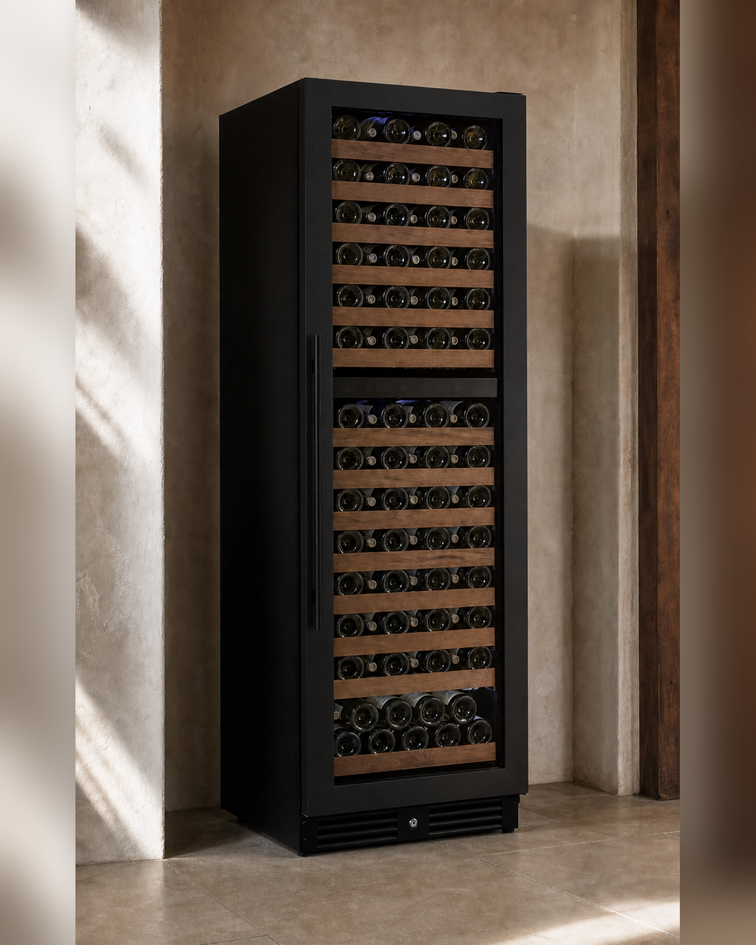 VINELOR Reserva 172 bouteilles | Cave à vin encastrable 2 zones porte noire charnière droite — vue principale premium