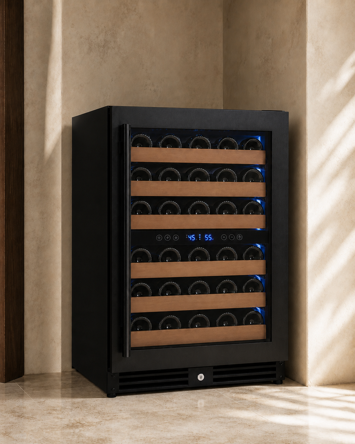 VINELOR Reserva 51 bouteilles | Cave à vin encastrable 2 zones porte noire charnière droite — vue principale premium