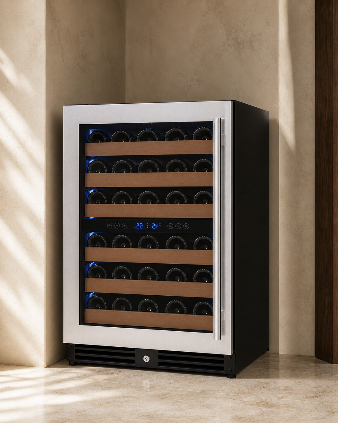 VINELOR Reserva 51 bouteilles | Cave à vin encastrable 2 zones inox charnière gauche — vue principale premium