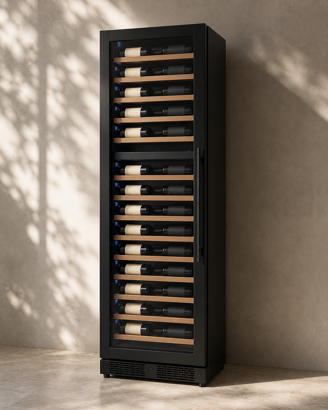 VINELOR Reserva 67 bouteilles | Cave à vin encastrable 2 zones porte noire charnière gauche — vue principale premium