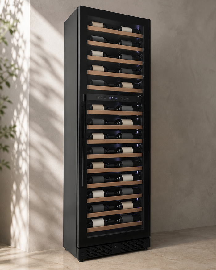 VINELOR Reserva 67 bouteilles | Cave à vin encastrable 2 zones porte noire charnière droite — vue principale premium