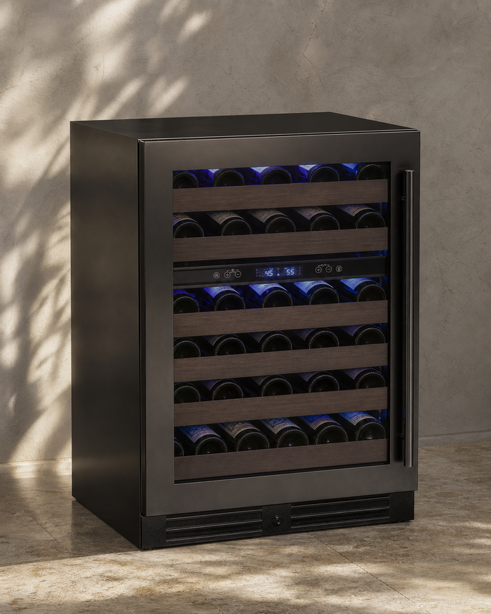 VINELOR Reserva 50 bouteilles | Cave à vin encastrable 2 zones porte noire charnière gauche — vue principale premium