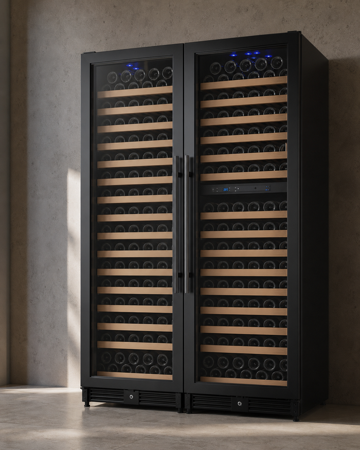 VINELOR FlexCount 349 bouteilles | Cave à vin pose libre 3 zones side-by-side porte noire — vue principale premium