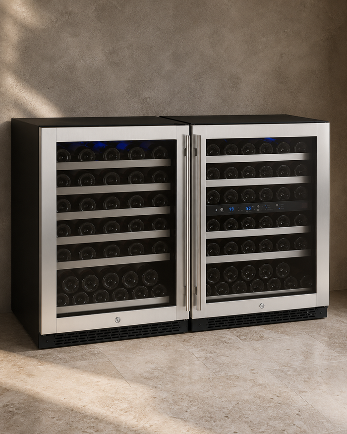 VINELOR FlexCount 112 bouteilles | Cave à vin encastrable 3 zones side-by-side inox — vue principale premium