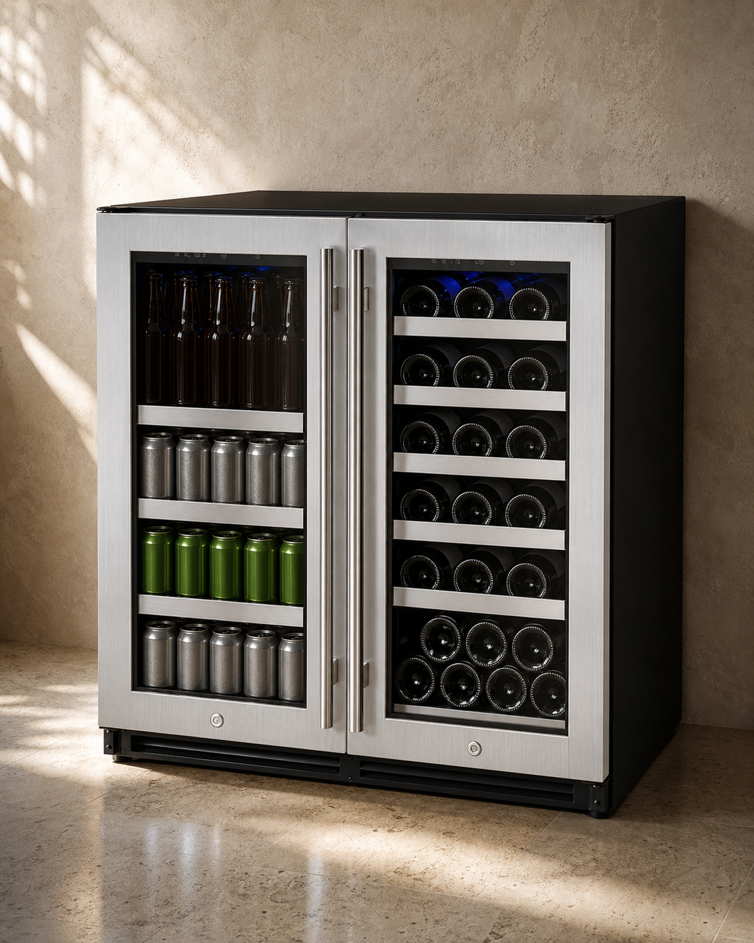 VINELOR FlexCount 30 bouteilles / 88 canettes | Cave à vin & boissons encastrable 2 zones inox — vue principale premium