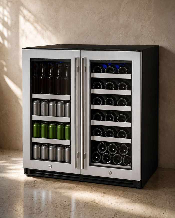 VINELOR FlexCount 30 bouteilles / 88 canettes | Cave à vin & boissons encastrable 2 zones inox — vue principale premium