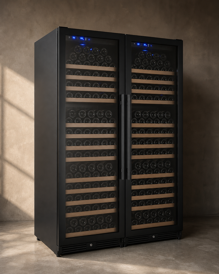 VINELOR FlexCount 354 bouteilles | Cave à vin encastrable 2 zones side-by-side porte noire — vue principale premium