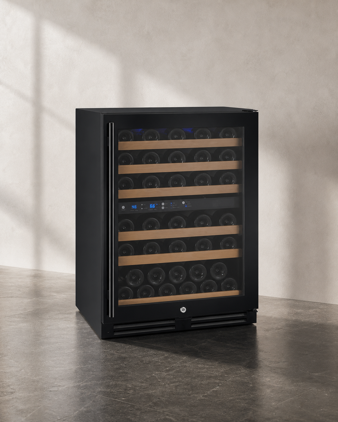 VINELOR FlexCount 56 bouteilles | Cave à vin encastrable 2 zones porte noire charnière droite — vue principale premium