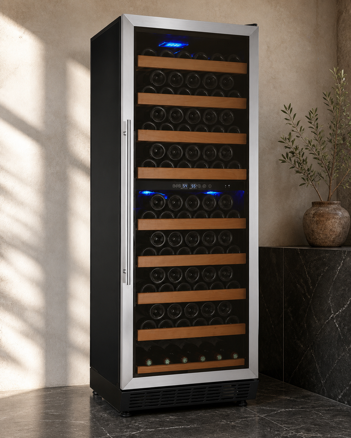 VINELOR FlexCount 99 bouteilles | Cave à vin pose libre 2 zones inox charnière droite — vue principale premium