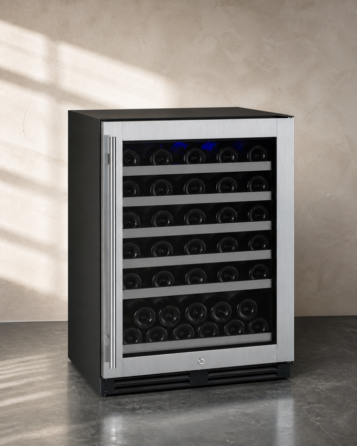 VINELOR FlexCount 56 bouteilles | Cave à vin encastrable 1 zone inox charnière droite — vue principale premium