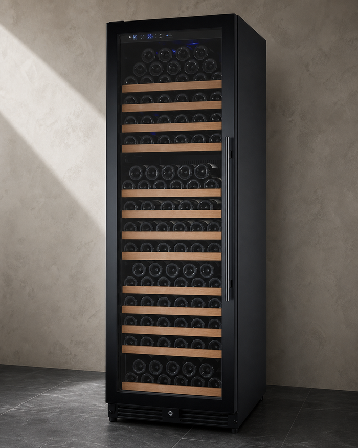 VINELOR FlexCount 177 bouteilles | Cave à vin encastrable 1 zone porte noire charnière gauche — vue principale premium
