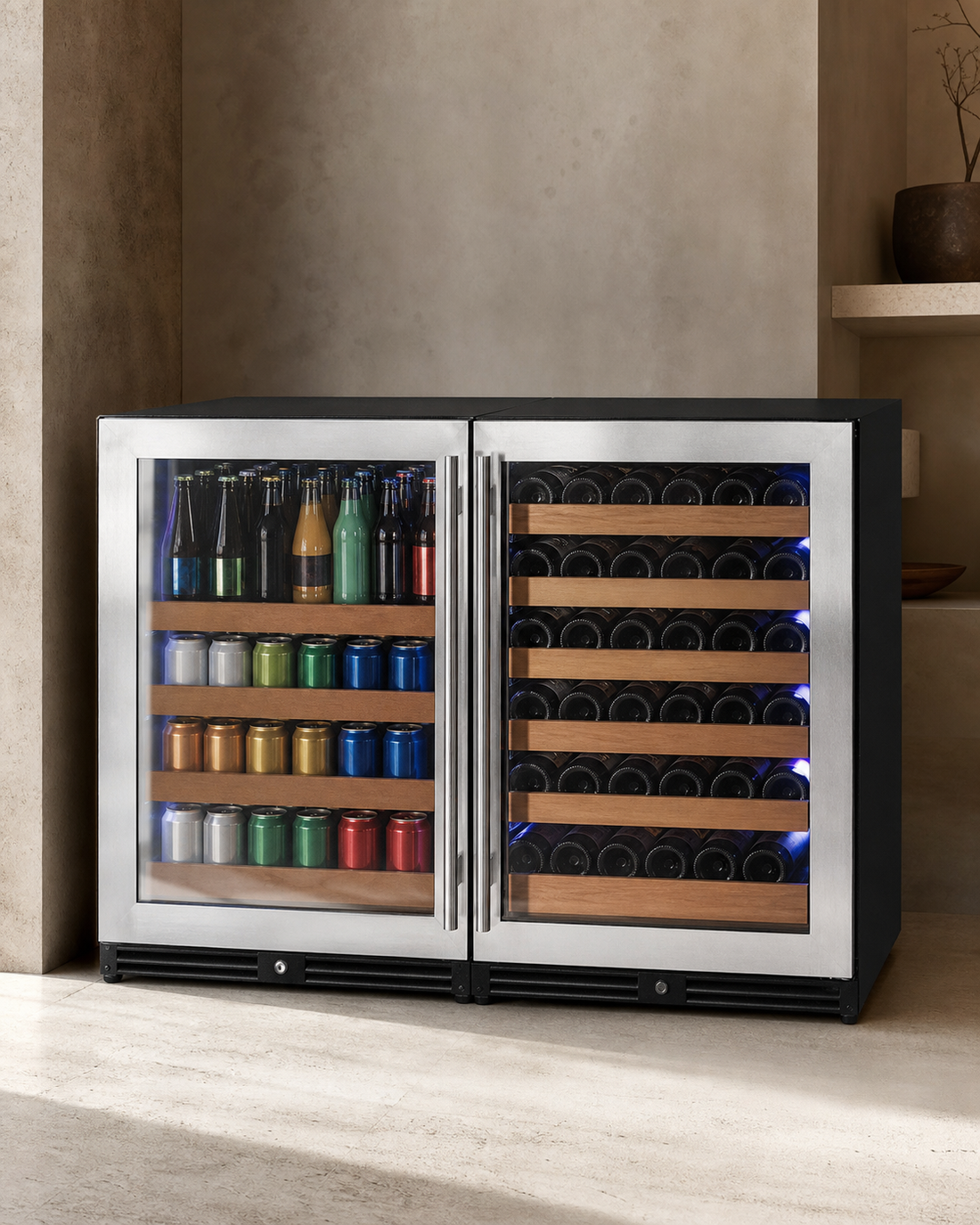 VINELOR Reserva 51 bouteilles / 124 canettes | Cave à vin & boissons encastrable 2 zones side-by-side inox — vue principale premium