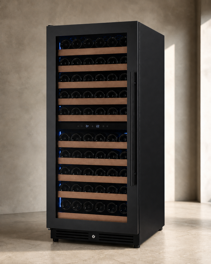 VINELOR Reserva 119 bouteilles | Cave à vin encastrable 2 zones porte noire charnière gauche — vue principale premium