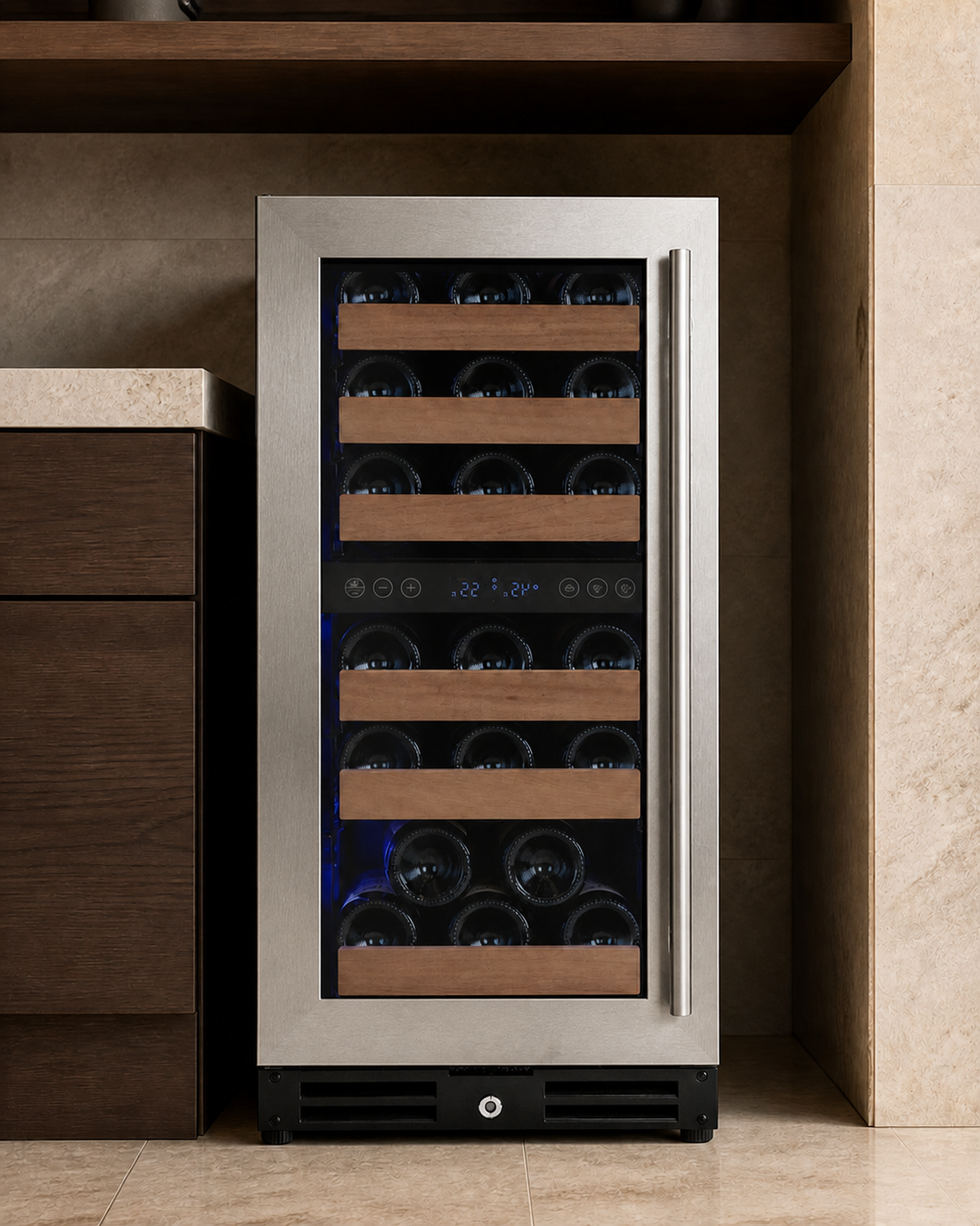 VINELOR FlexCount 30 bouteilles | Cave à vin encastrable 2 zones inox charnière gauche — vue principale premium