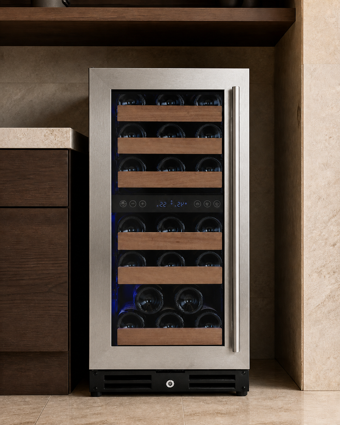 VINELOR FlexCount 30 bouteilles | Cave à vin encastrable 2 zones inox charnière gauche — vue principale premium