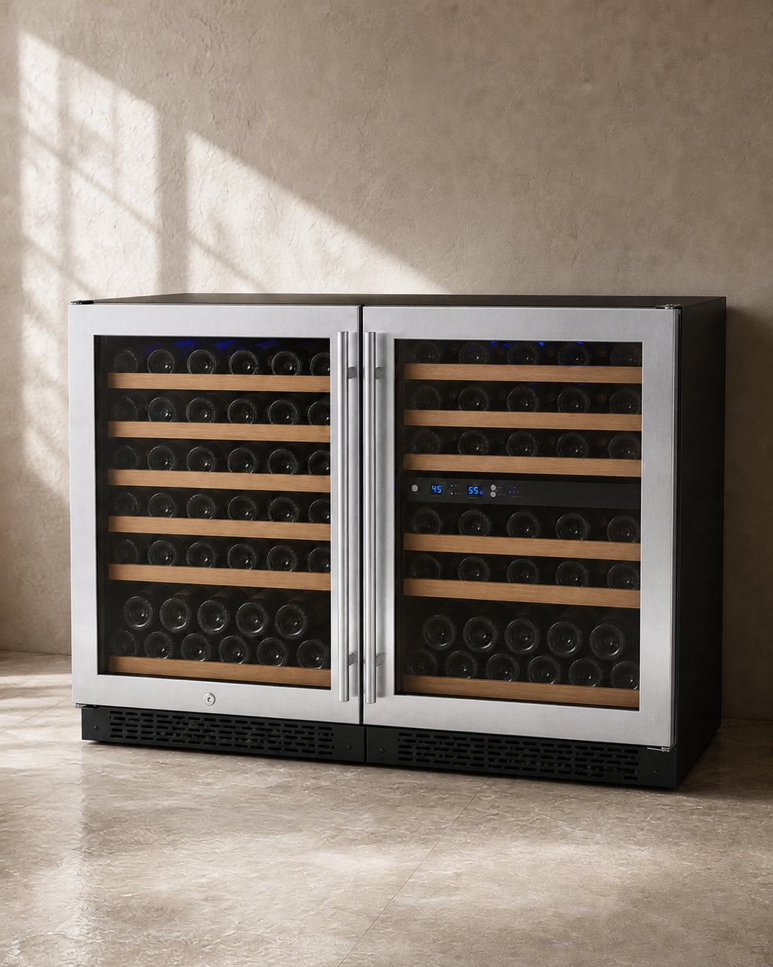 VINELOR Reserva 102 bouteilles | Cave à vin encastrable 3 zones side-by-side inox — vue principale premium