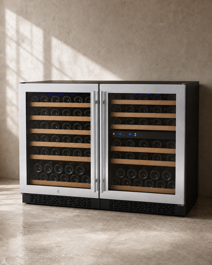 VINELOR Reserva 102 bouteilles | Cave à vin encastrable 3 zones side-by-side inox — vue principale premium