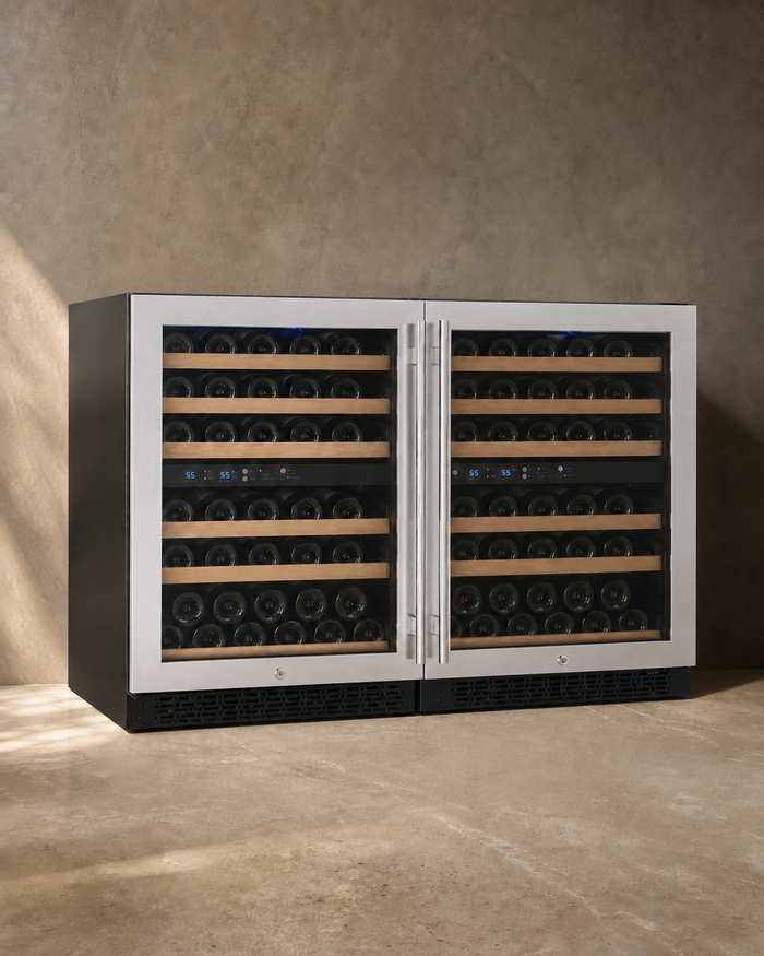 VINELOR Reserva 102 bouteilles | Cave à vin encastrable 4 zones side-by-side inox — vue principale premium