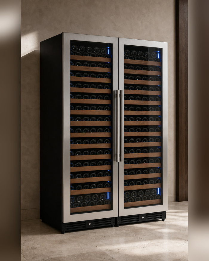 VINELOR Reserva 344 bouteilles | Cave à vin encastrable 4 zones side-by-side inox — vue principale premium