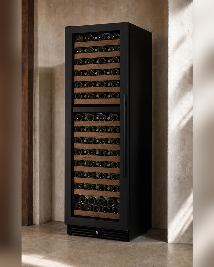 VINELOR Reserva 172 bouteilles | Cave à vin encastrable 2 zones porte noire charnière gauche — vue principale premium