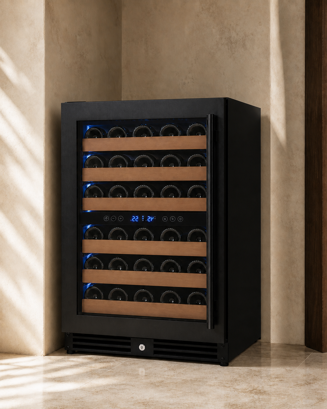 VINELOR Reserva 51 bouteilles | Cave à vin encastrable 2 zones porte noire charnière gauche — vue principale premium