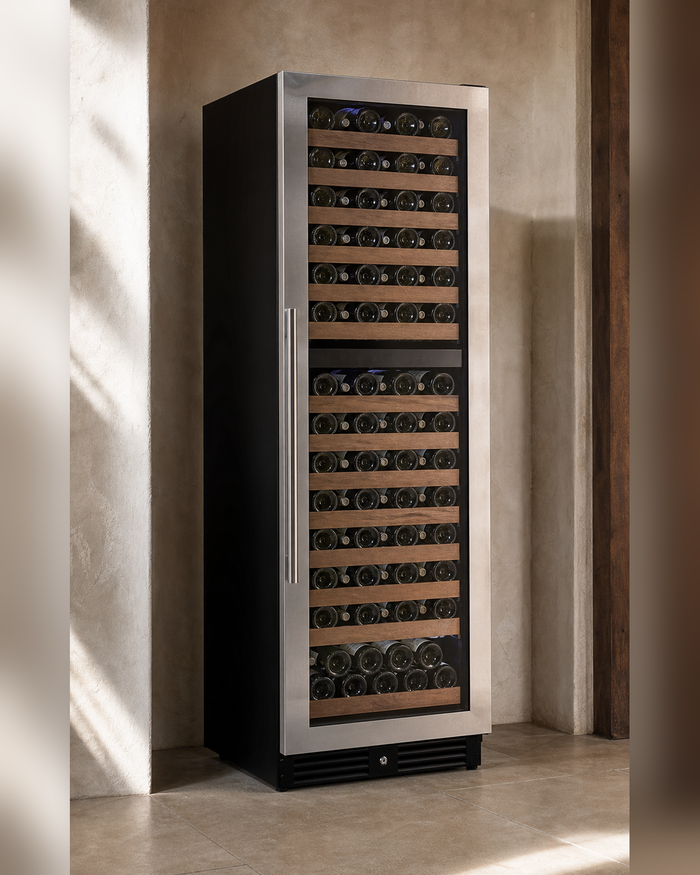 VINELOR Reserva 172 bouteilles | Cave à vin encastrable 2 zones inox charnière droite — vue principale premium