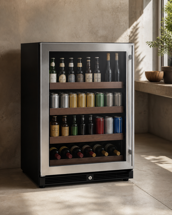 VINELOR FlexCount 24 pouces | Cave à vin & boissons encastrable inox charnière gauche — vue principale premium