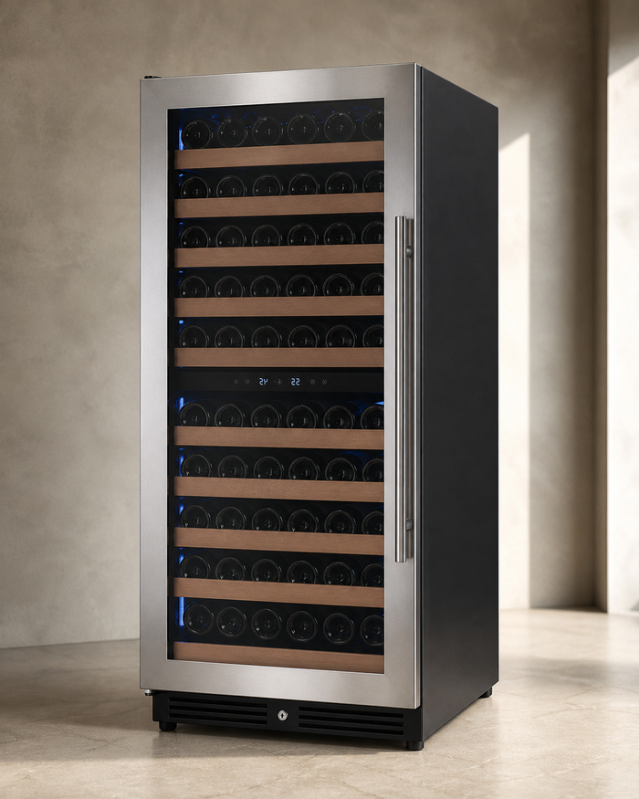 VINELOR Reserva 119 bouteilles | Cave à vin encastrable 2 zones inox charnière gauche — vue principale premium