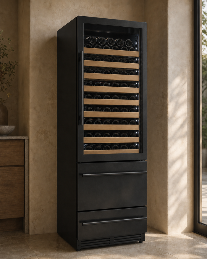 VINELOR Reserva 300 bouteilles | Cave à vin & boissons encastrable 2 zones porte noire — vue principale premium
