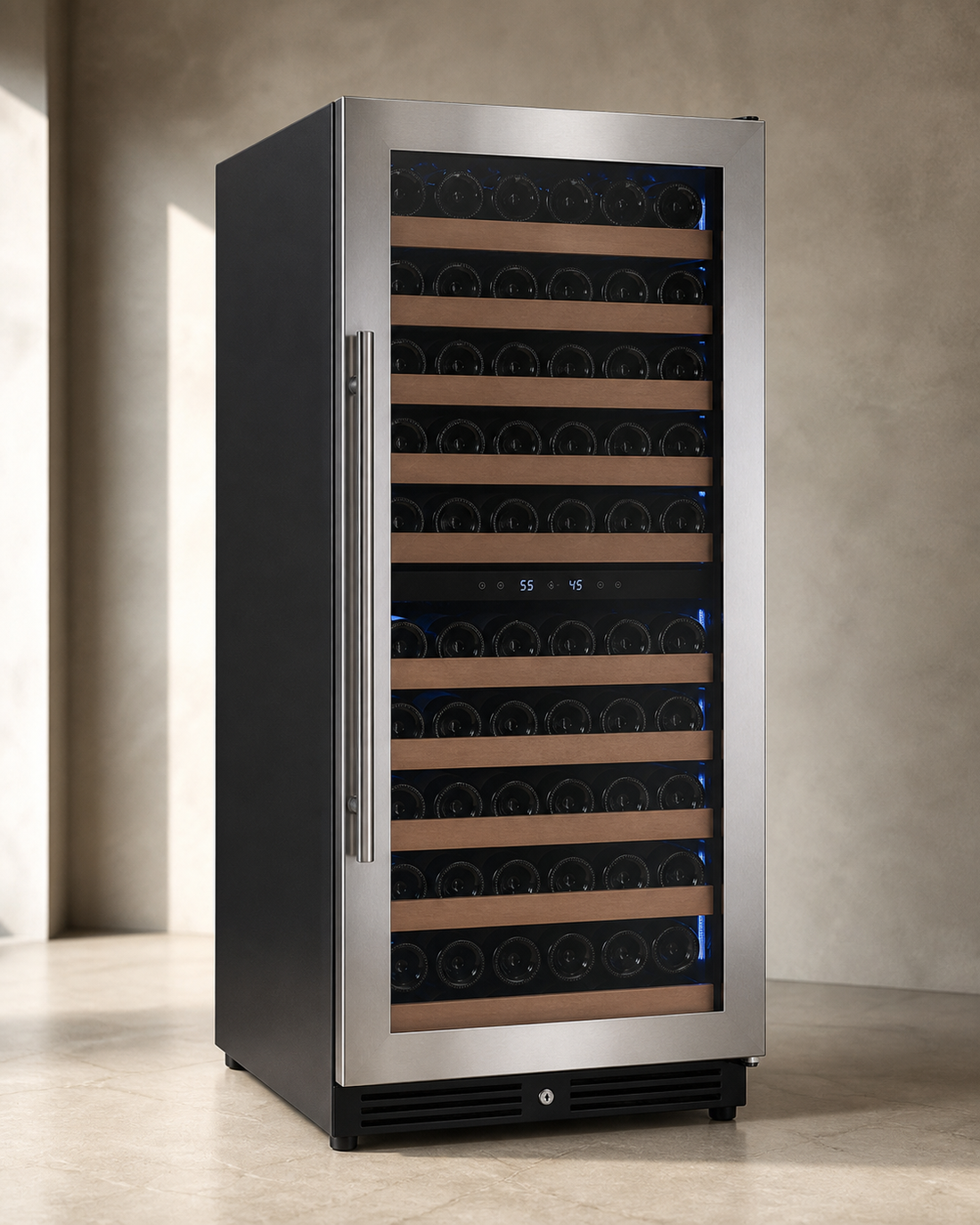VINELOR Reserva 119 bouteilles | Cave à vin encastrable 2 zones inox charnière droite — vue principale premium