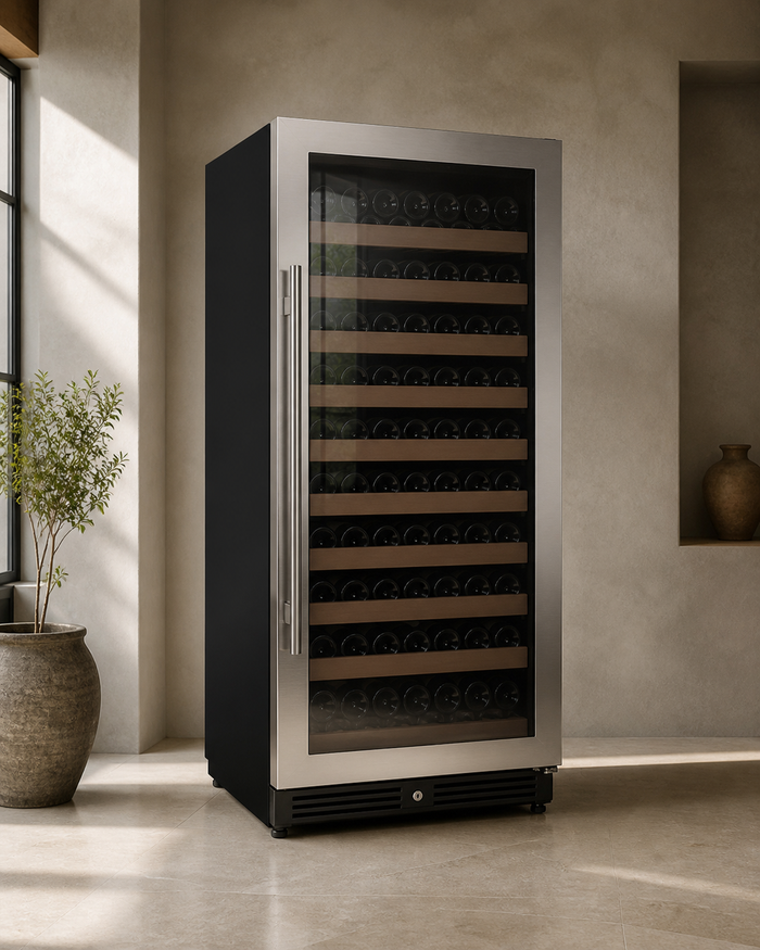 VINELOR Reserva 119 bouteilles | Cave à vin encastrable 1 zone inox charnière droite — vue principale premium