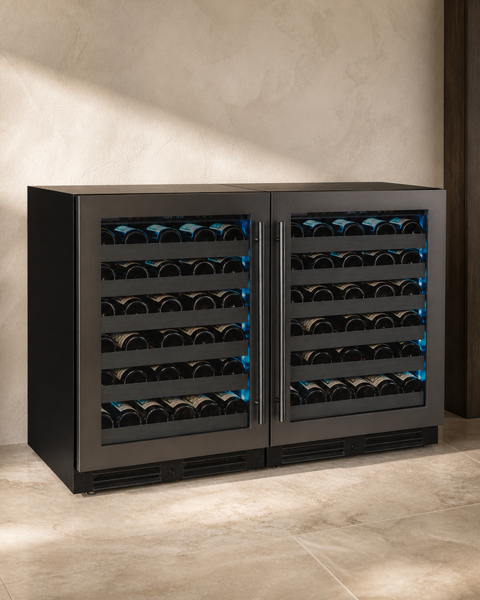 VINELOR Reserva 100 bouteilles | Cave à vin encastrable 3 zones side-by-side porte noire — vue principale premium
