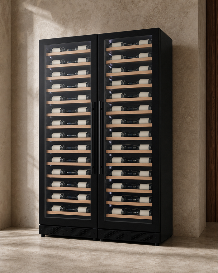 VINELOR Reserva 134 bouteilles | Cave à vin encastrable 2 zones side-by-side porte noire — vue principale premium
