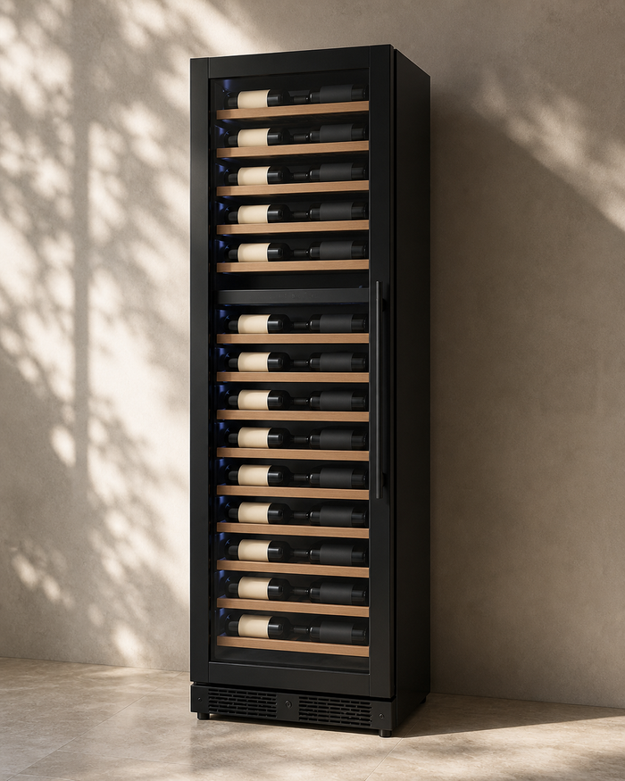 VINELOR Reserva 67 bouteilles | Cave à vin encastrable 2 zones porte noire charnière gauche — vue principale premium