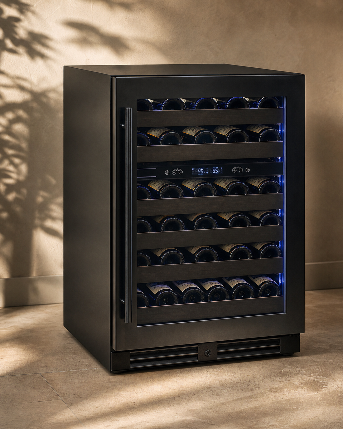 VINELOR Reserva 50 bouteilles | Cave à vin encastrable 2 zones porte noire charnière droite — vue principale premium