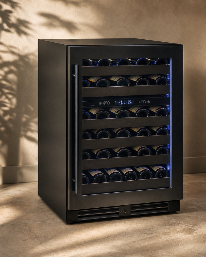 VINELOR Reserva 50 bouteilles | Cave à vin encastrable 2 zones porte noire charnière droite — vue principale premium