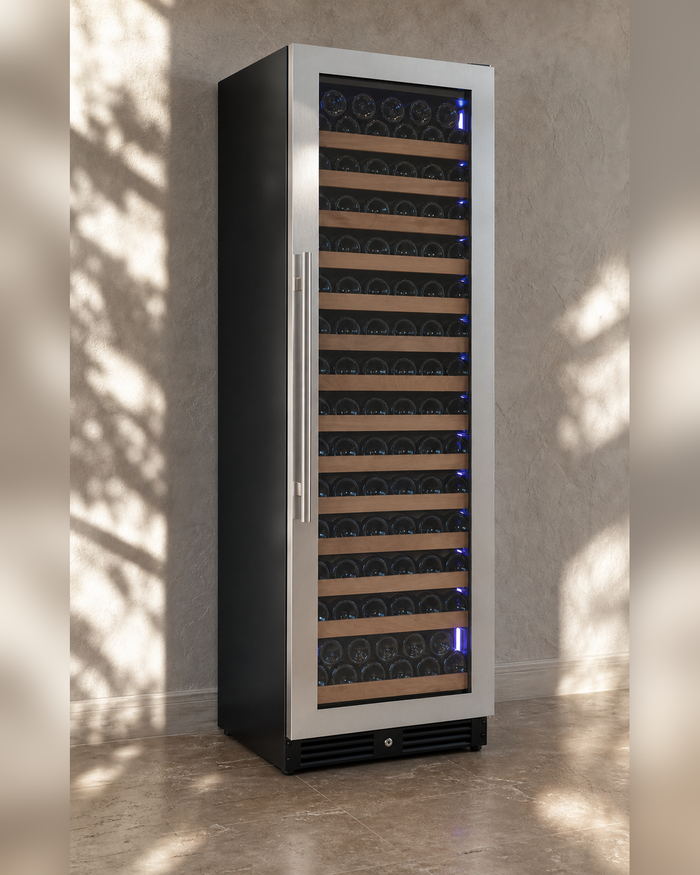 VINELOR Reserva 163 bouteilles | Cave à vin encastrable 1 zone inox charnière droite — vue principale premium