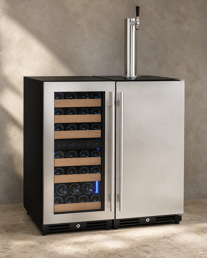 VINELOR FlexCount 30 pouces | Cave à vin & tirage bière encastrable 2 zones side-by-side — vue principale premium