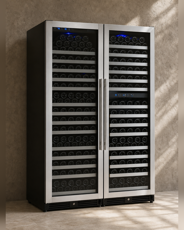 VINELOR FlexCount 349 bouteilles | Cave à vin pose libre 3 zones side-by-side inox — vue principale premium