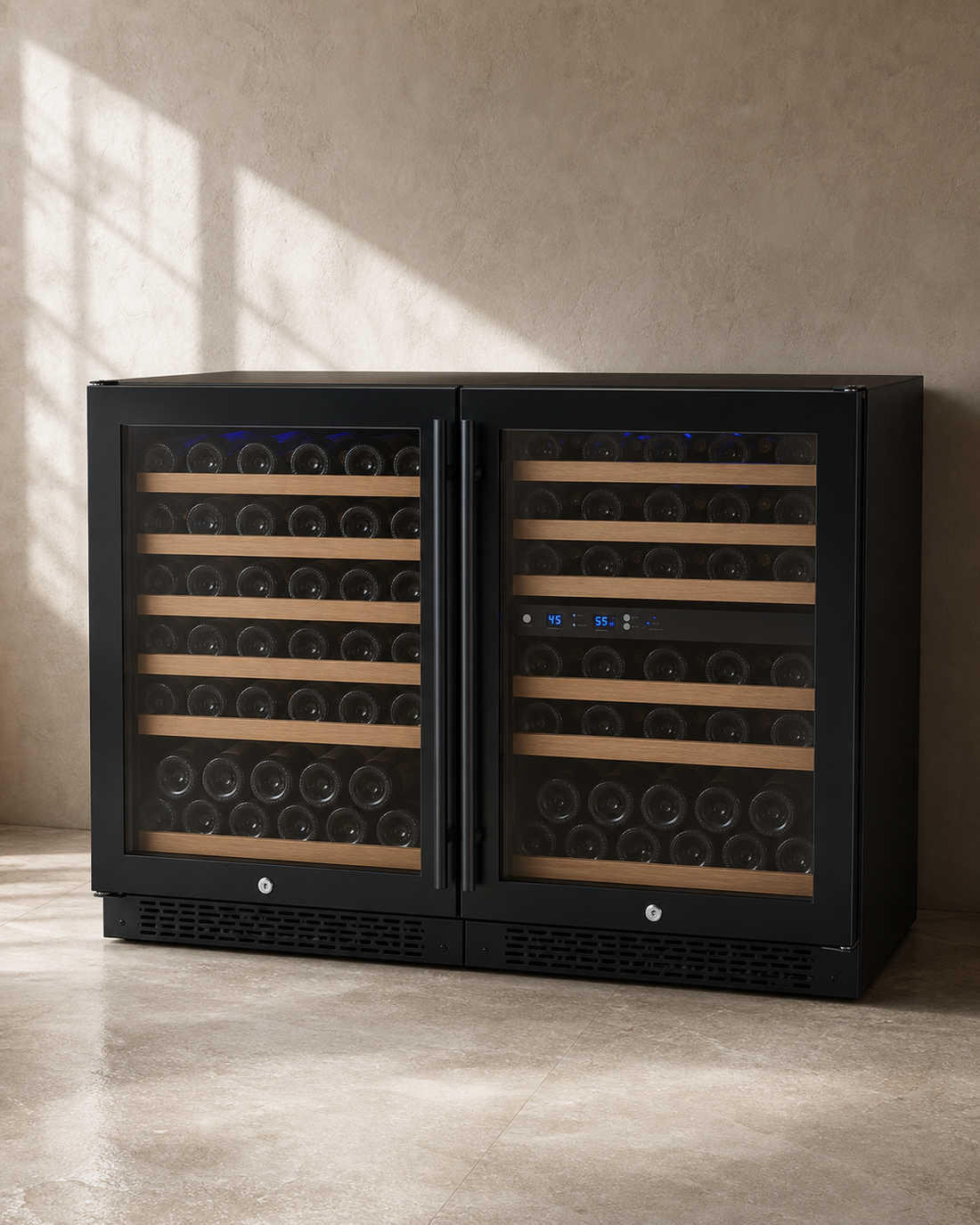 VINELOR FlexCount 112 bouteilles | Cave à vin encastrable 3 zones side-by-side porte noire — vue principale premium