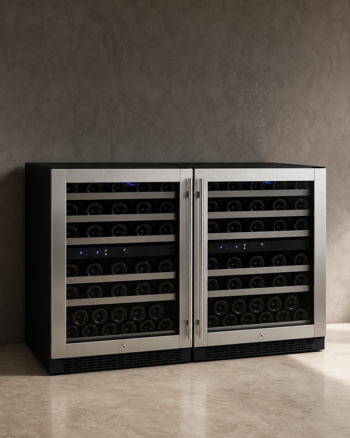 VINELOR FlexCount 112 bouteilles | Cave à vin encastrable 4 zones side-by-side inox — vue principale premium