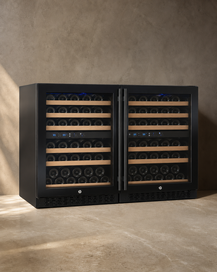 VINELOR FlexCount 112 bouteilles | Cave à vin encastrable 4 zones side-by-side porte noire — vue principale premium